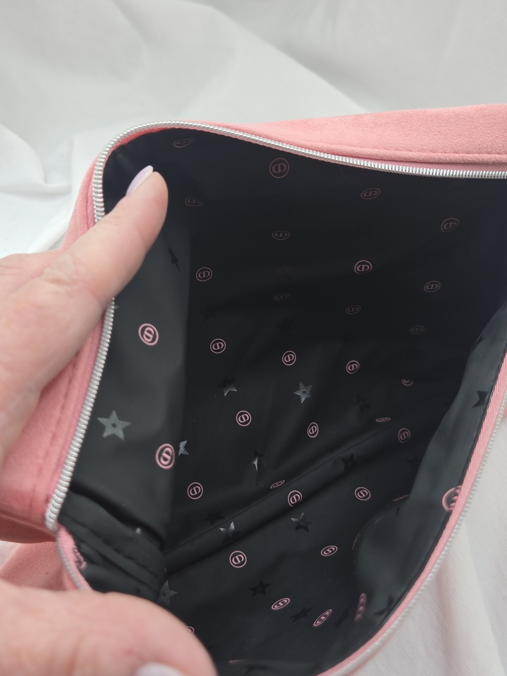 Dior Pink Suede Zip Cosmetic Pouch with Logo-Print Lining - Picture 3 of 4